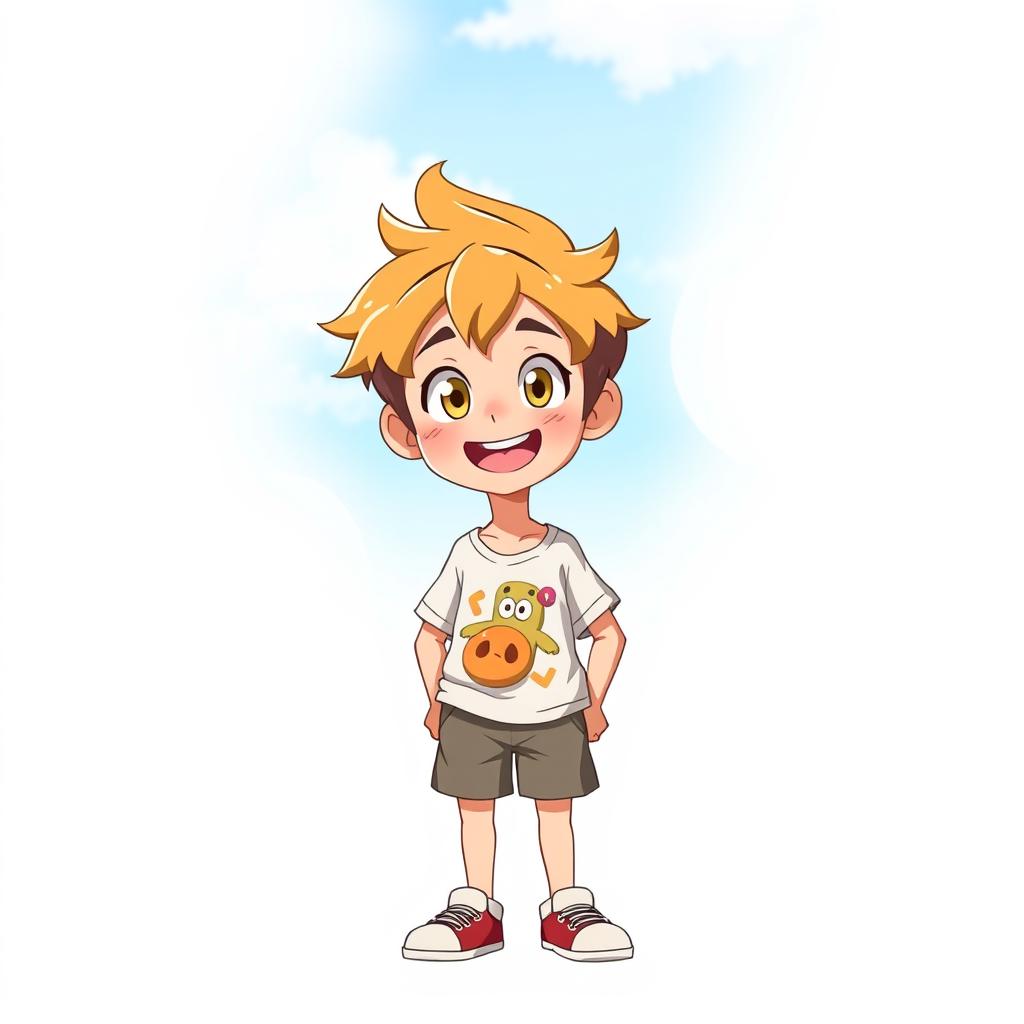 A 10-year-old boy standing with a cheerful expression, depicted in a vibrant anime art style