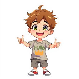 A 10-year-old boy standing with a cheerful expression, depicted in a vibrant anime art style