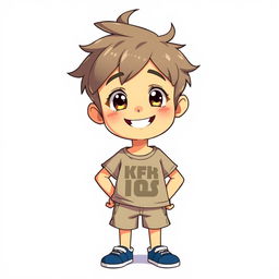 A 10-year-old boy standing with a cheerful expression, depicted in a vibrant anime art style
