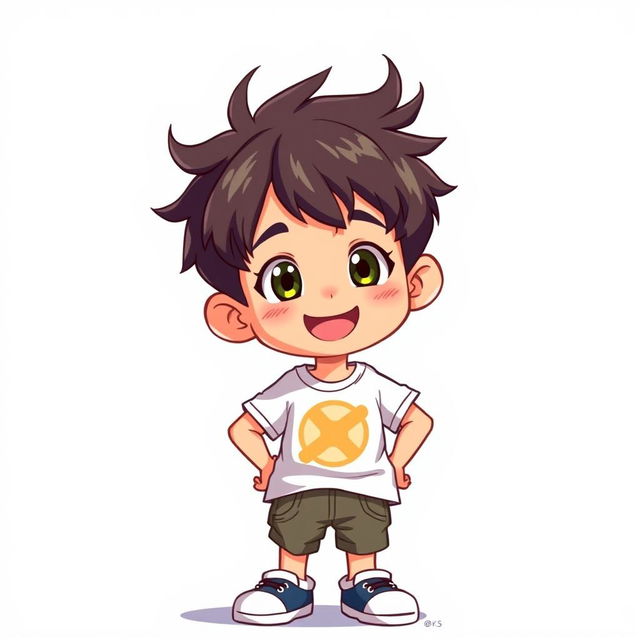 A 10-year-old boy standing with a cheerful expression, depicted in a vibrant anime art style