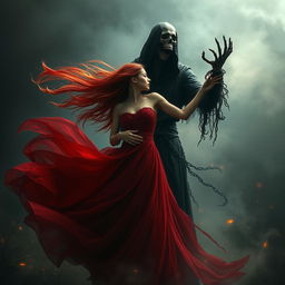 A beautiful young woman with flowing crimson hair, wearing a stunning crimson gown, gracefully dancing amidst a dark, ethereal landscape