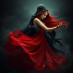 A beautiful young woman with flowing crimson hair, wearing a stunning crimson gown, gracefully dancing amidst a dark, ethereal landscape