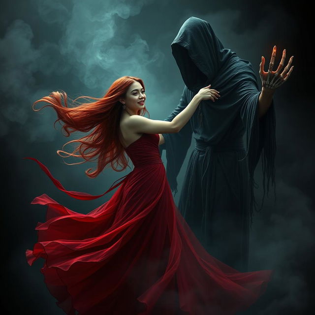 A beautiful young woman with flowing crimson hair, wearing a stunning crimson gown, gracefully dancing amidst a dark, ethereal landscape