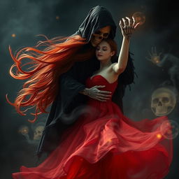 A beautiful young woman with flowing crimson hair, wearing a stunning crimson gown, gracefully dancing amidst a dark, ethereal landscape