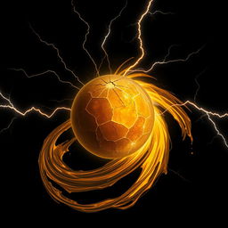 A dark and dramatic artwork featuring a glowing cracked sphere at its center, surrounded by swirling golden liquid with an abstract metallic texture