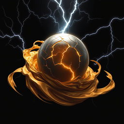A dark and dramatic artwork featuring a glowing cracked sphere at its center, surrounded by swirling golden liquid with an abstract metallic texture