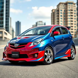 A unique hybrid car design featuring the iconic front face of a Toyota KE70 combined with the sleek and modern body of a 2008 Mazda Demio