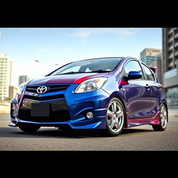 A unique hybrid car design featuring the iconic front face of a Toyota KE70 combined with the sleek and modern body of a 2008 Mazda Demio
