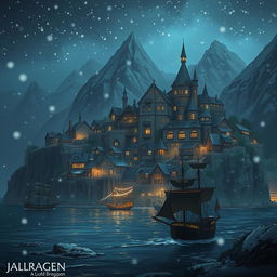 A captivating fantasy town depicted at night, with delicate snowflakes falling softly, enhancing the magical ambiance
