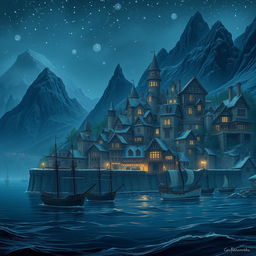 A captivating fantasy town depicted at night, with delicate snowflakes falling softly, enhancing the magical ambiance