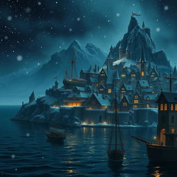 A captivating fantasy town depicted at night, with delicate snowflakes falling softly, enhancing the magical ambiance