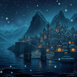 A captivating fantasy town depicted at night, with delicate snowflakes falling softly, enhancing the magical ambiance