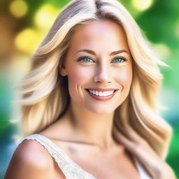 A high-quality digital art image of a naturally pretty blonde woman in her mid-30s