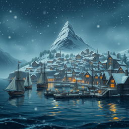 A beautiful fantasy town depicted at night with snow gently falling, creating a serene and enchanting vibe