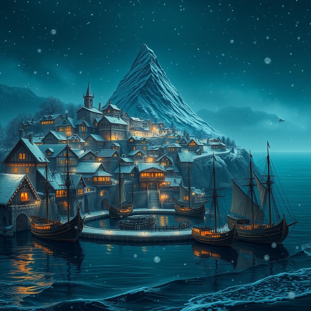 A beautiful fantasy town depicted at night with snow gently falling, creating a serene and enchanting vibe