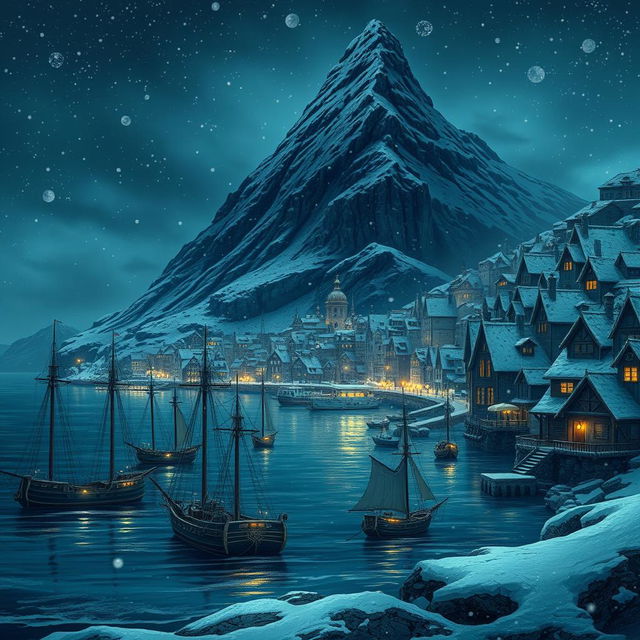 A beautiful fantasy town depicted at night with snow gently falling, creating a serene and enchanting vibe