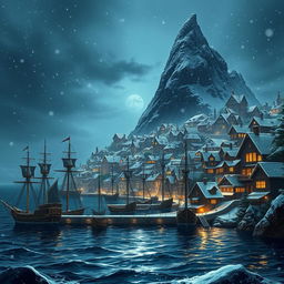 A beautiful fantasy town depicted at night with snow gently falling, creating a serene and enchanting vibe