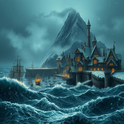 A dramatic fantasy town set at night, with snow cascading gently amidst a fierce stormy sea