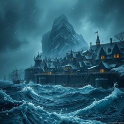 A dramatic fantasy town set at night, with snow cascading gently amidst a fierce stormy sea