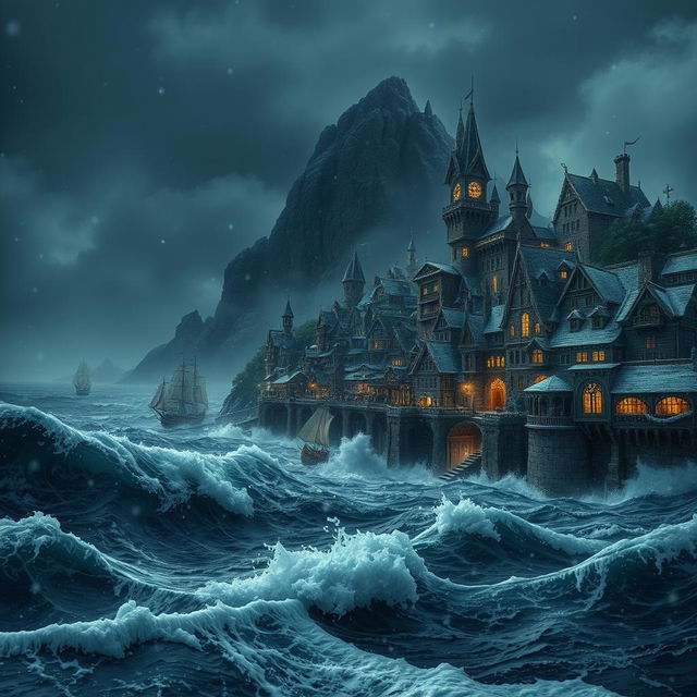 A dramatic fantasy town set at night, with snow cascading gently amidst a fierce stormy sea