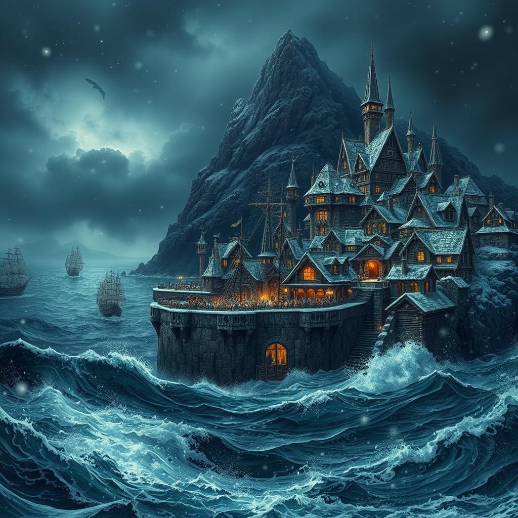 A dramatic fantasy town set at night, with snow cascading gently amidst a fierce stormy sea