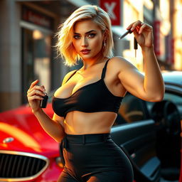 A sexy, voluptuous blonde woman with a chic short hairstyle confidently showcasing her body while wearing stylish, form-fitting clothing