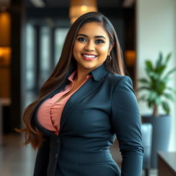 A beautiful, curvy woman with large, round breasts, dressed in a smart bank employee uniform, radiating a playful yet professional demeanor
