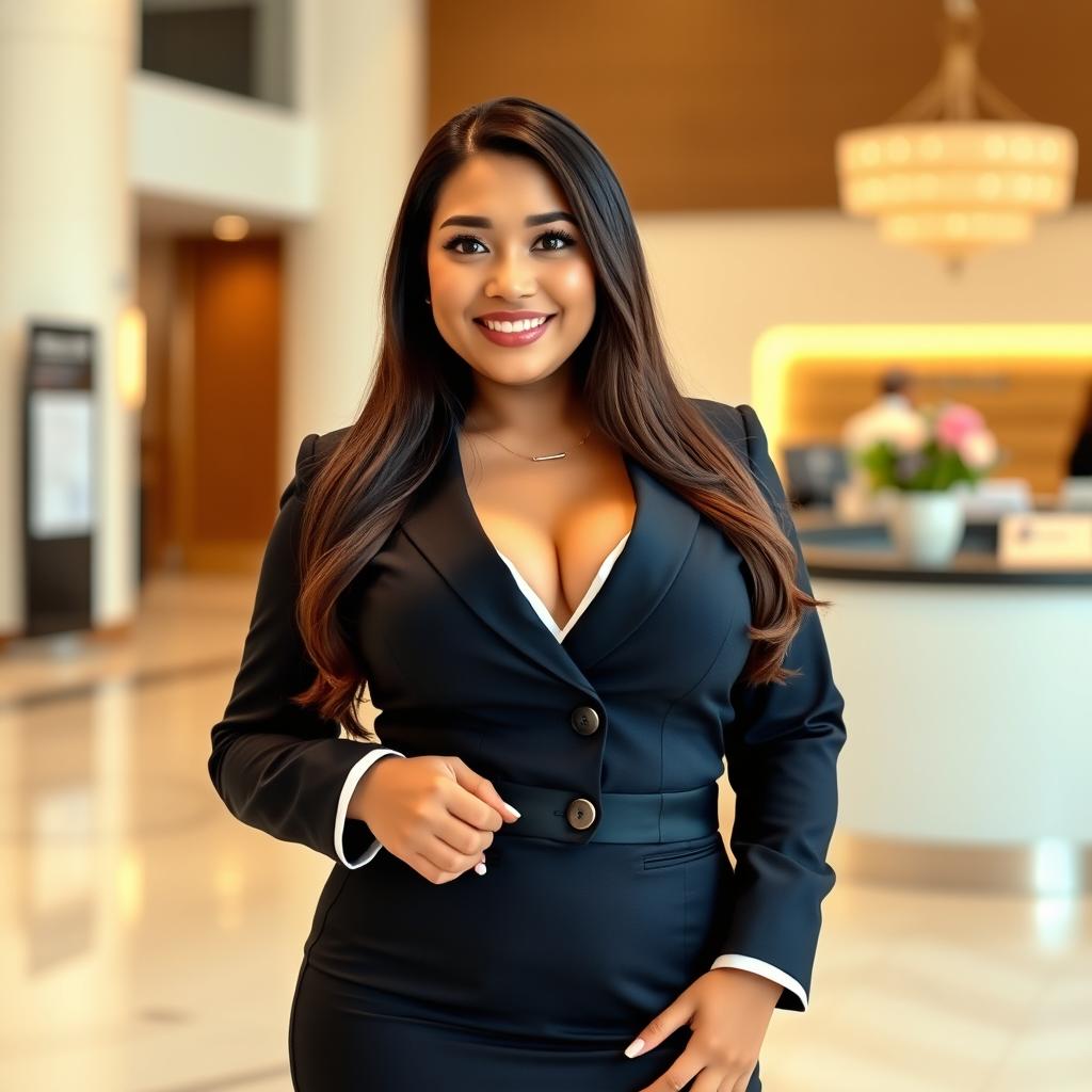 A beautiful, curvy woman with large, round breasts, dressed in a smart bank employee uniform, radiating a playful yet professional demeanor