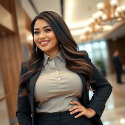 A beautiful, curvy woman with large, round breasts, dressed in a smart bank employee uniform, radiating a playful yet professional demeanor