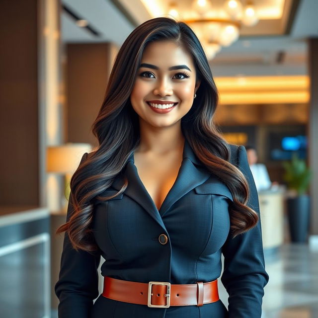 A beautiful, curvy woman with large, round breasts, dressed in a smart bank employee uniform, radiating a playful yet professional demeanor