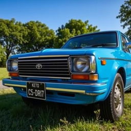 A pristine Toyota KE70 parked in a scenic setting, showcasing its classic lines and vintage charm