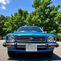 A pristine Toyota KE70 parked in a scenic setting, showcasing its classic lines and vintage charm
