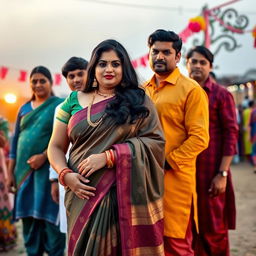 A scene featuring a curvy Indian woman wearing a beautifully draped saree, standing confidently with her husband and his friends