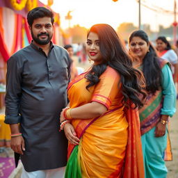 A scene featuring a curvy Indian woman wearing a beautifully draped saree, standing confidently with her husband and his friends