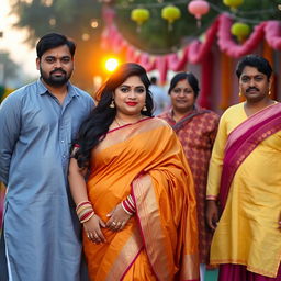 A scene featuring a curvy Indian woman wearing a beautifully draped saree, standing confidently with her husband and his friends