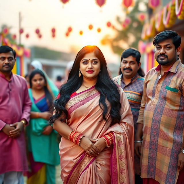 A scene featuring a curvy Indian woman wearing a beautifully draped saree, standing confidently with her husband and his friends