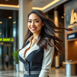 A stunningly attractive woman with large, round breasts, elegantly dressed in a stylish bank employee uniform
