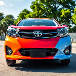 A unique automotive design fusion featuring the front end of a Toyota KE70 seamlessly merged with the facial features of a Mazda Demio