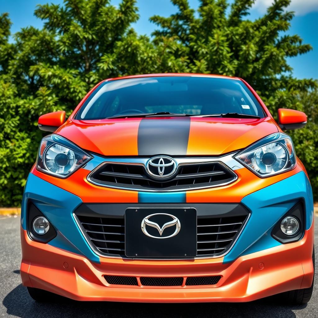 A unique automotive design fusion featuring the front end of a Toyota KE70 seamlessly merged with the facial features of a Mazda Demio
