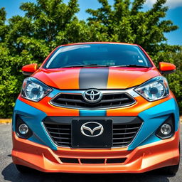 A unique automotive design fusion featuring the front end of a Toyota KE70 seamlessly merged with the facial features of a Mazda Demio