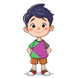 An animated 10-year-old boy standing without a background, with a closed mouth and non-visible teeth