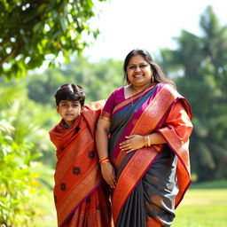 A fair-complexioned Indian BBW (Big Beautiful Woman) mother dressed in an elegant saree, standing confidently with her medium-complexioned son and dark-complexioned husband