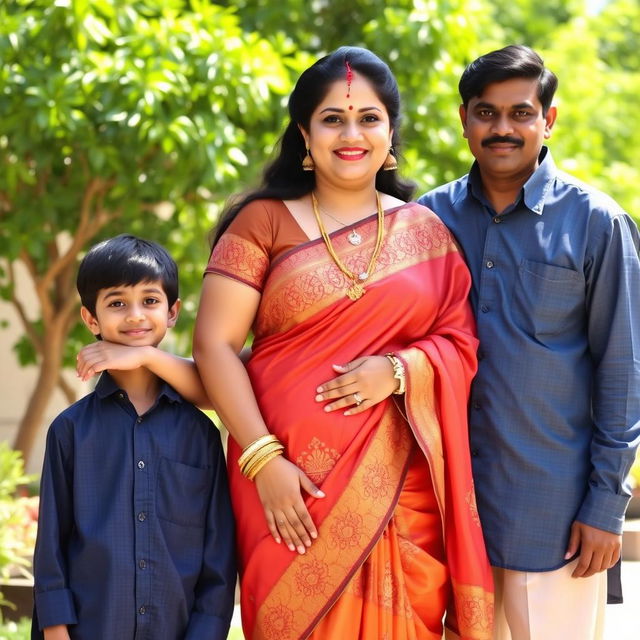 A fair-complexioned Indian BBW (Big Beautiful Woman) mother dressed in an elegant saree, standing confidently with her medium-complexioned son and dark-complexioned husband