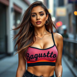 A stylish woman wearing a bra with the text 'Bagustoto' printed on it