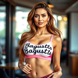 A stylish woman wearing a bra with the text 'Bagustoto' printed on it