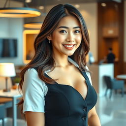 A captivatingly beautiful woman with large, round breasts, elegantly dressed in a professional Indonesian bank employee uniform