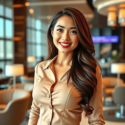 A captivatingly beautiful woman with large, round breasts, elegantly dressed in a professional Indonesian bank employee uniform