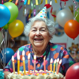 A happy, plump elderly woman celebrating her birthday, surrounded by colorful balloons and a big cake with candles, wearing a festive party hat