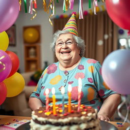 A happy, plump elderly woman celebrating her birthday, surrounded by colorful balloons and a big cake with candles, wearing a festive party hat