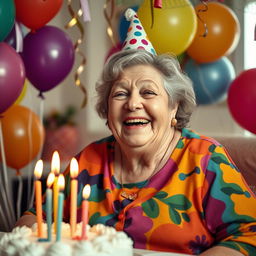 A happy, plump elderly woman celebrating her birthday, surrounded by colorful balloons and a big cake with candles, wearing a festive party hat